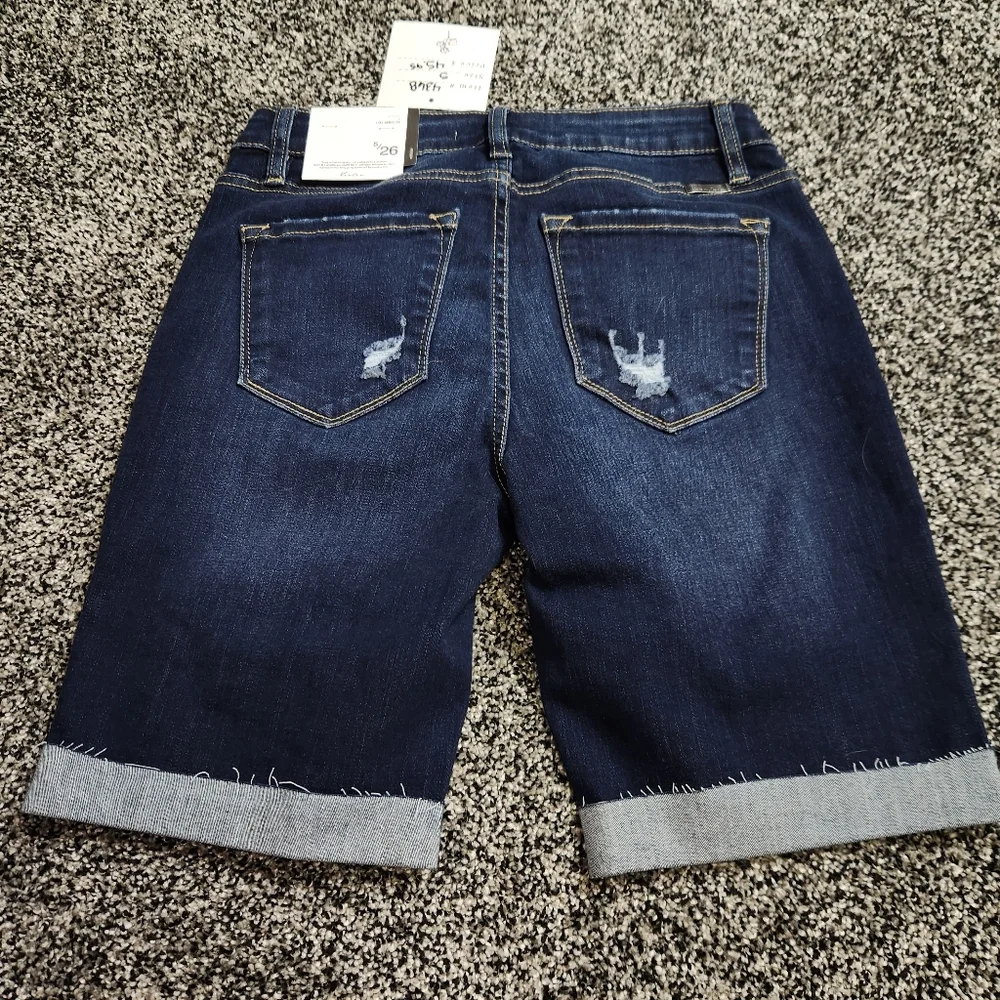 Kancan Mid Rise Bermuda Shorts Rolled Hem, Darkwash,Distressed,8